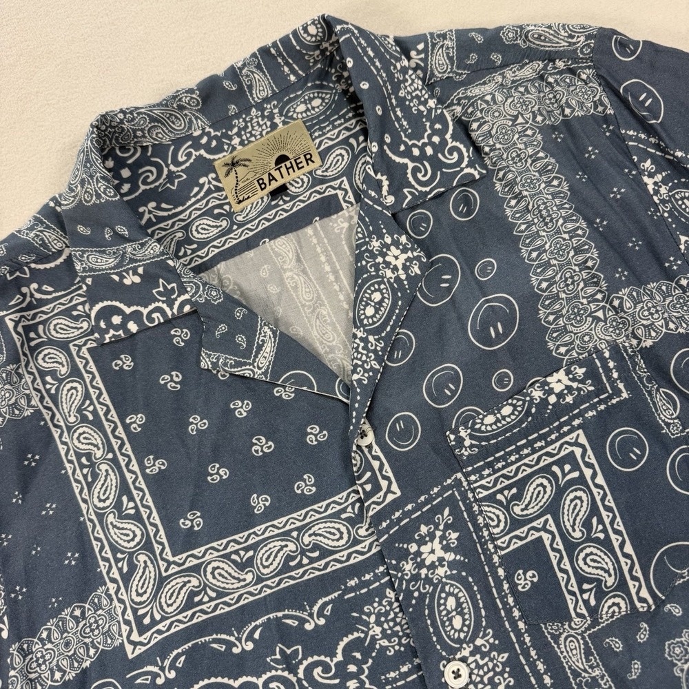 Bather Shirt Men's Medium Blue White Hawaii Bandana Print Rayon Short Sleeve